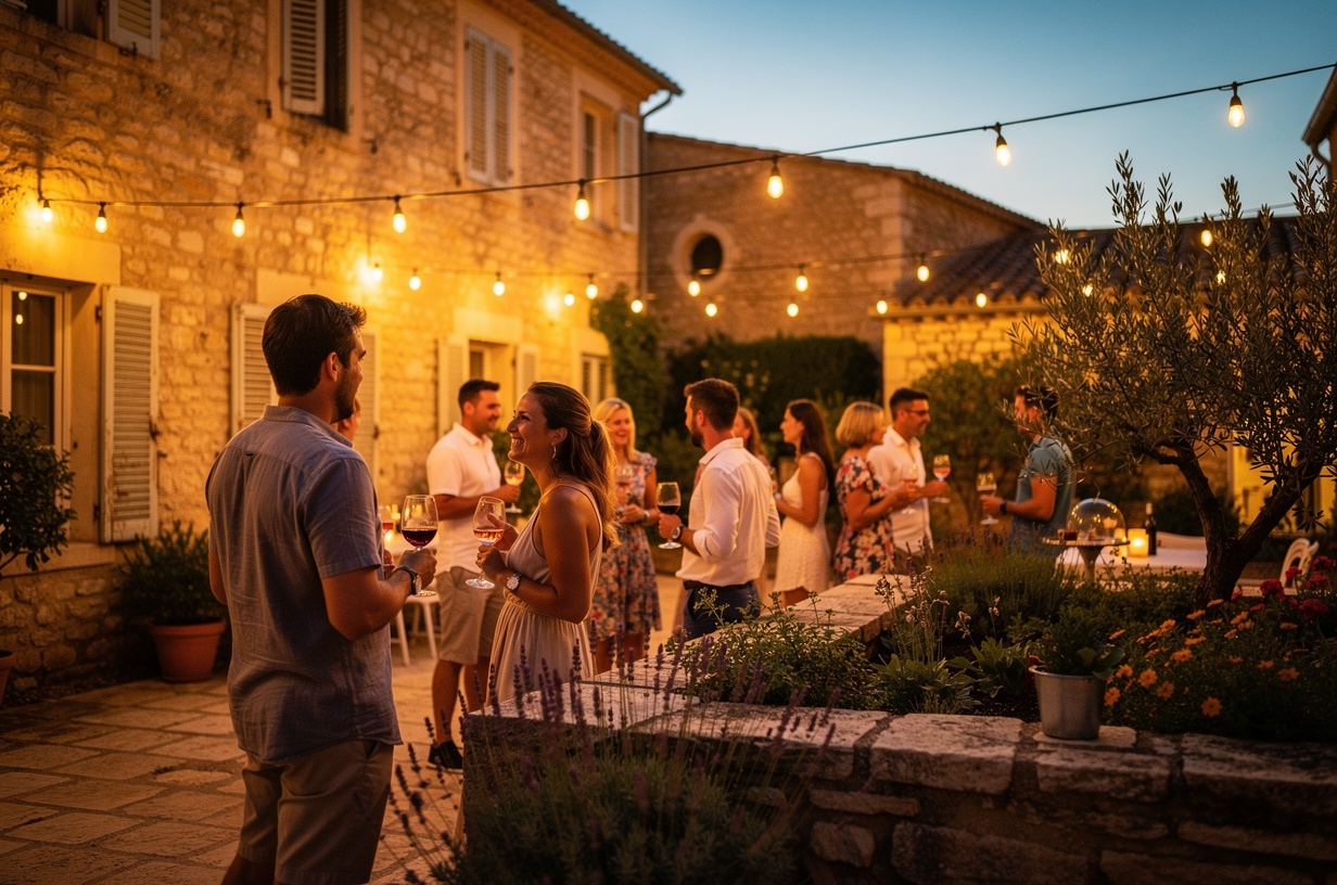Soirée apéro conviviale sur une terrasse provençale, un verre à la main sous les guirlandes