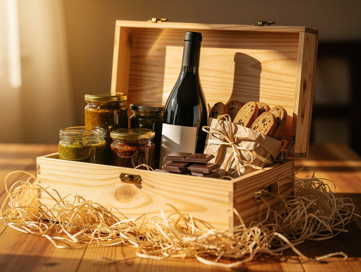 Exemple de coffret gourmand sur mesure : vin, tapenade, chocolats et biscuits